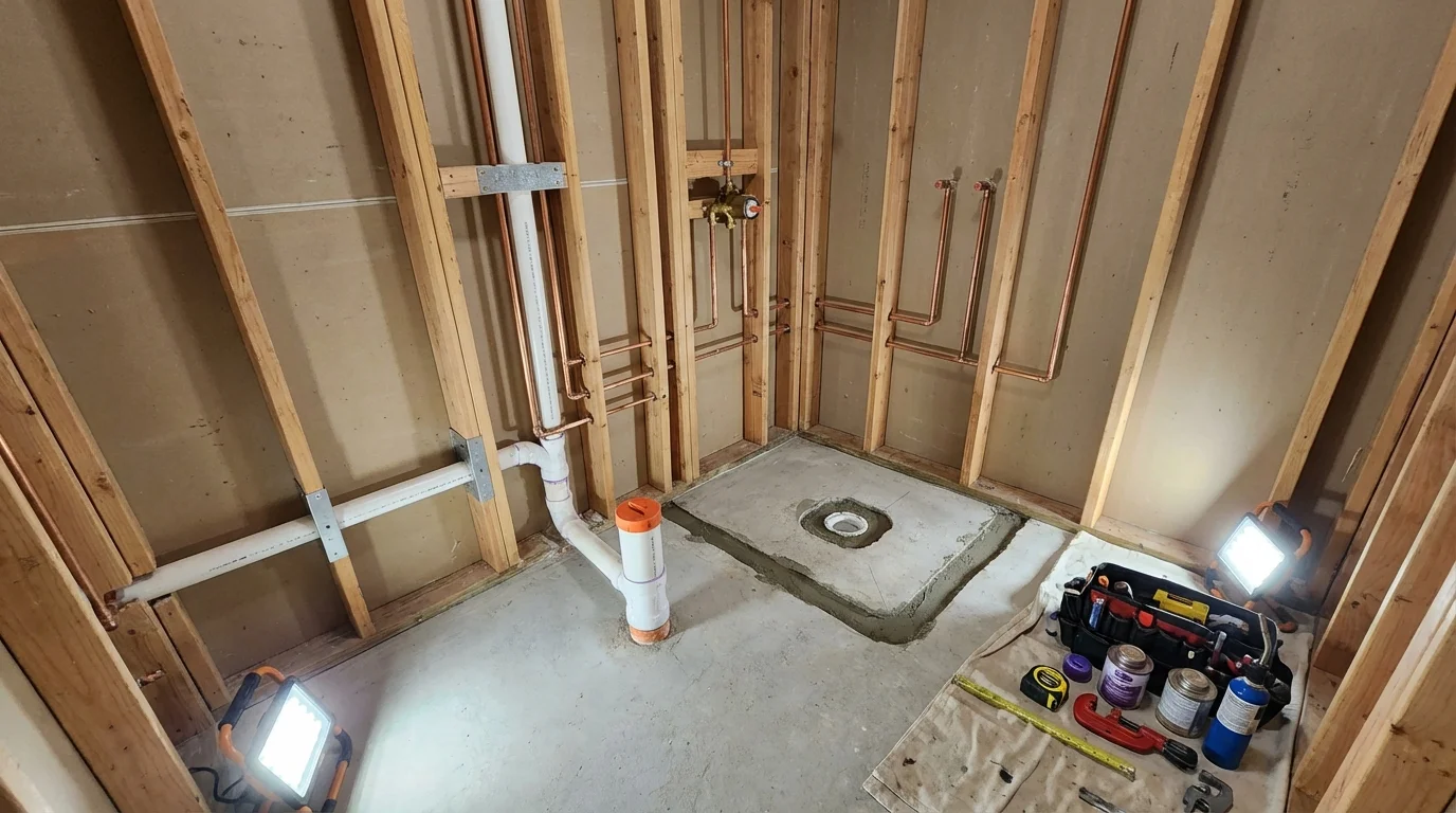 Bathroom rough-in plumbing during remodel by Johns Plumbing LLC in Enumclaw