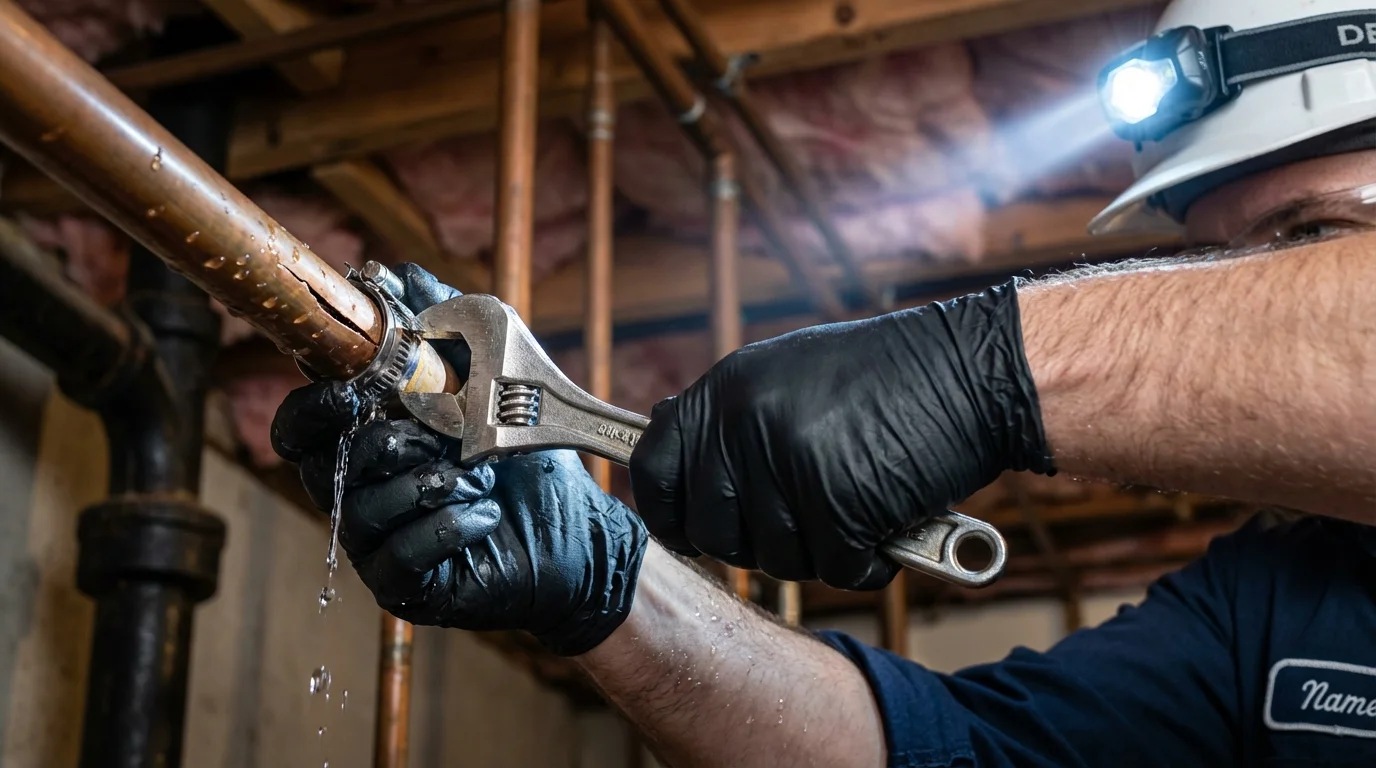Emergency pipe clamp repair being performed by a Johns Plumbing LLC plumber in Enumclaw
