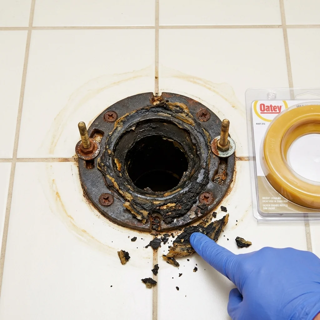 Failed wax ring showing water seepage at the base of a toilet in a Enumclaw, WA home
