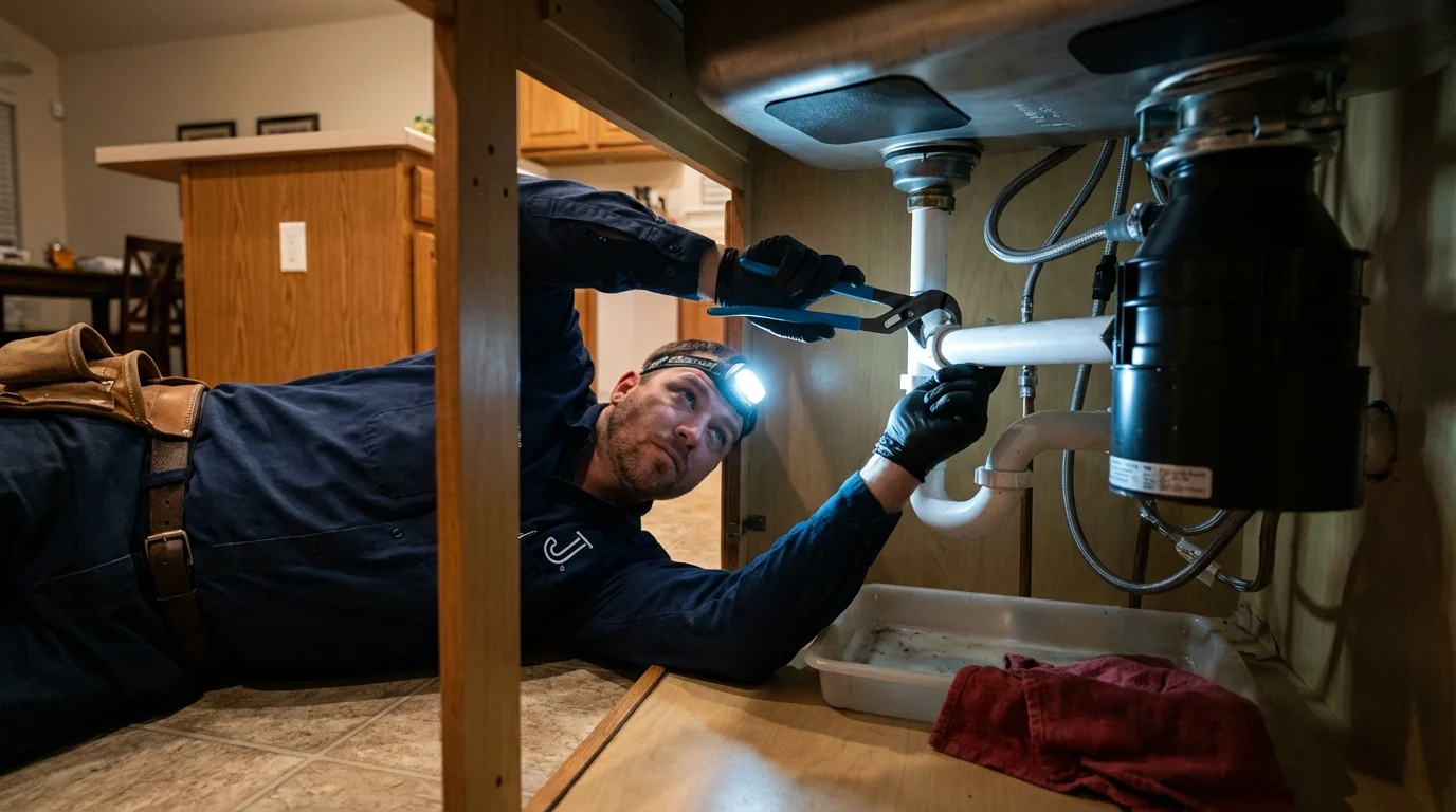 P-trap and supply line connections under a kitchen sink showing a common leak point in Enumclaw, WA